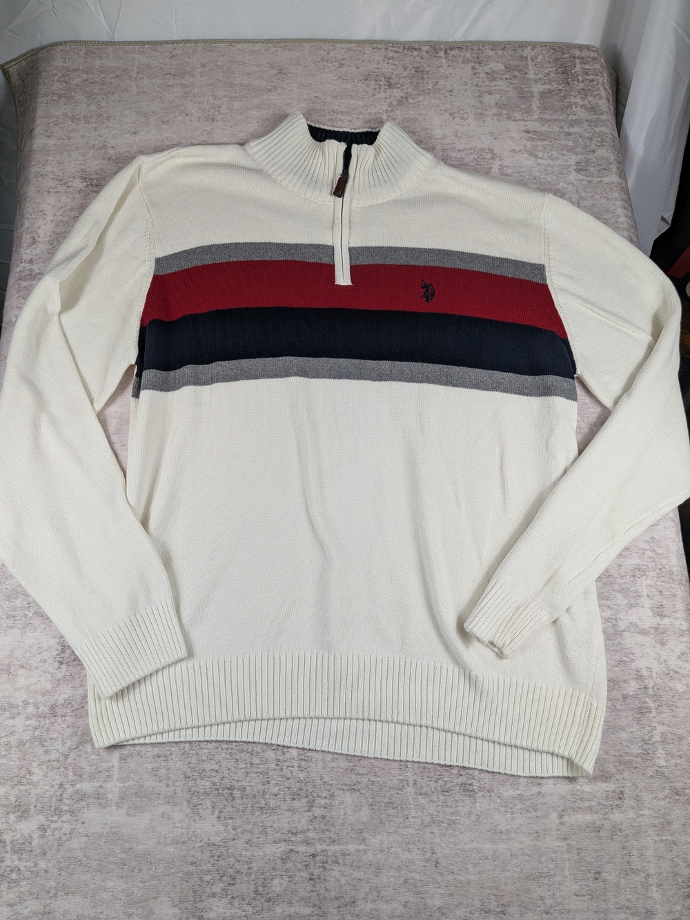 U.S. Polo Assn. Cream Half-Zip Sweater with Red and Navy Stripes
